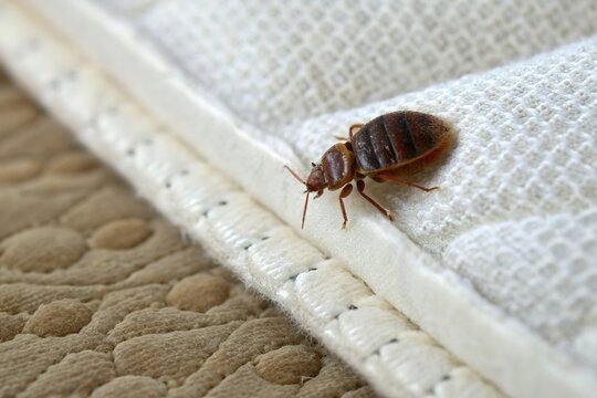 The image shows a close-up of a bed bug on the edge of a white mattress or bedding material next to a quilted fabric surface.Retry